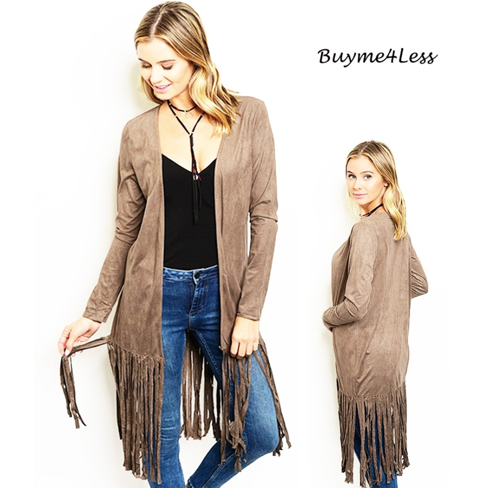 Mocha Hippie BOHO Faux Suede Long Fringed Cardigan
